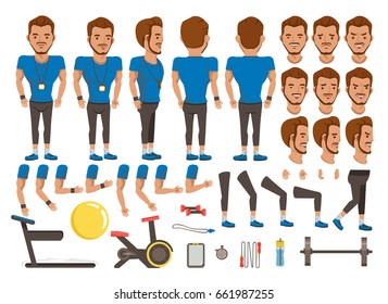 Trainer man character creation set. Icons with different types of faces and hair style, emotions,  front, rear, side view of male person. Moving arms, legs. Vector illustration