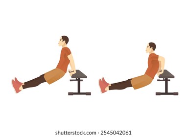 Trainer Man doing bench hip triceps dip knees straight in 2 step for exercise for guide. Workout diagram for correct body pose.