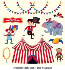 Formador y muchos animales de circo en ilustración de fondo blanco