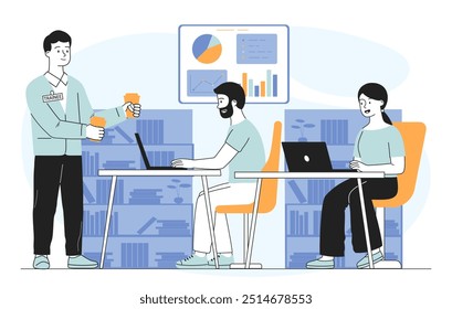 Entrenador en la oficina. El hombre da la presentación con gráficos y diagramas. Entrenador con tazas en el lugar de trabajo. Mentor de negocios con audiencia. Ilustración vectorial lineal aislada sobre fondo blanco