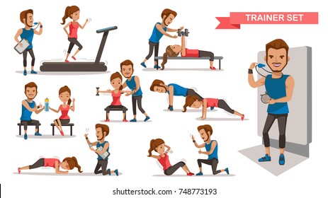 Trainer Personal  helping woman set. working with sit-up, heavy dumbbells,Timer, correct posture, and Use of fitness equipment, Cartoon character design. Vector illustrations.Isolated white background