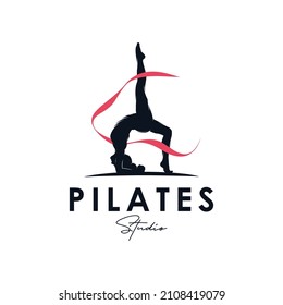 Trainer Pilates Woman with ribbon Silhouette vector logo design