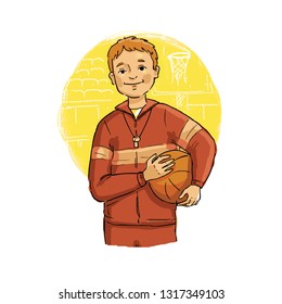 Trainer / School Physical Education Teacher. Basketball Coach. Hand-drawn Cartoon Style. Vector