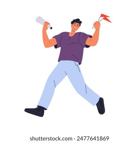 Entrenador, entrenador deportivo animando, apoyando con banderas en la mano. Hombre emocionado, profesor de entrenamiento físico. Hombre activo feliz que corre y que motiva. Ilustración vectorial plana aislada sobre fondo blanco