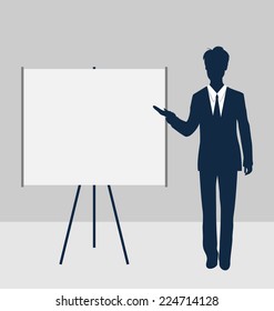 Trainer stand near whiteboard presentation demo and speak project brief - vector