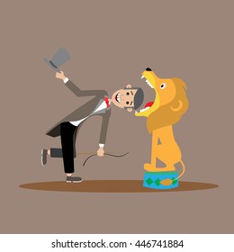 the trainer takes a lion the kill, my head in the lion's mouth. vector illustration, cartoon