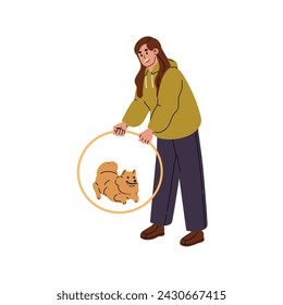 Trainer teaches dog to commands, training exercise. Owner plays with pomeranian. Spitz jumping over circle. Fluffy puppy clears hurdle. Agility competition. Flat isolated vector illustration on white