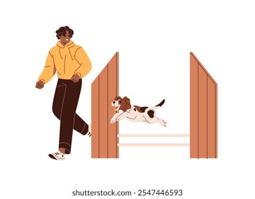 Trainer teaches dog to overcome obstacle course, agility equipment. Owner has fun with puppy. Happy pup jumps over barrier, plays during walk. Flat isolated vector illustration on white background