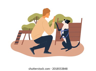 Trainer teaching dog at agility courses. High five trick of obedient doggy with raised paw. Pet owner training his canine animal outdoors. Colored flat vector illustration isolated on white background svg