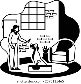 Trainer teaching stay to give a release signal vector design, Pet foster hotel Symbol, kennel animals Sign, Human-animal interaction scene illustration, dog training commands Site and Down concept