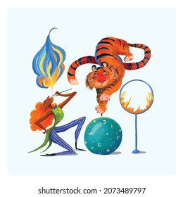 Trainer and tiger in the circus arena. Circus attributes. Hand drawn wind illustration for children's books decoration