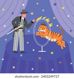 Trainer with tiger performance in circus arena. Entertaining public show, obedient predatory animal executes commands, vector illustration.eps
