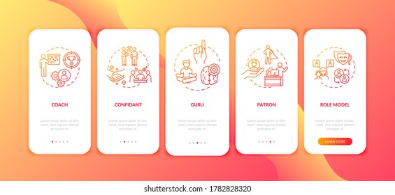 Trainer types onboarding mobile app page screen with concepts. Leadership for student guidance walkthrough 5 steps graphic instructions. UI vector template with RGB color illustrations