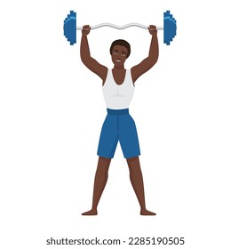 Trainer with weights dumbbell. Workout gym instructor, sport coach vector cartoon illustration