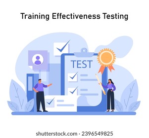 Trainers evaluate upskilling results with a test. Focused on ensuring trainee expertise, the scene highlights exam success and the pursuit of excellence. Benchmarking training outcomes. Flat vector.