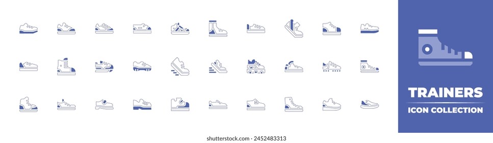 Trainers icon collection. Duotone style line stroke and bold. Vector illustration. Containing trainers, sneaker, shoe, sneakers, shoes, running shoes, boot, walk, running.