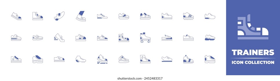 Trainers icon collection. Duotone style line stroke and bold. Vector illustration. Containing running, trainers, walk, sneakers, football shoes, sneaker, shoes, runner, running shoe.