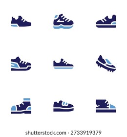 Trainers icon set. Bold style. Duotone colors. trainers, shoe, sneaker, sneakers.