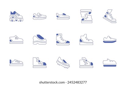 Trainers icon set. Duotone style line stroke and bold. Vector illustration. Containing shoe, sneakers, shoes, sneaker, footwear, running shoe, running shoes.