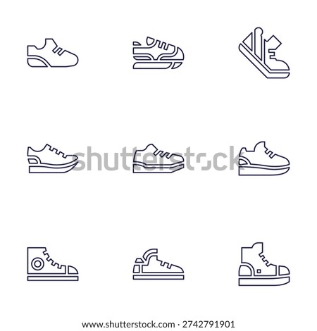 Trainers icon set. Line style. Editable stroke. trainer, trainers, sneakers, shoe, running shoes, sneaker.