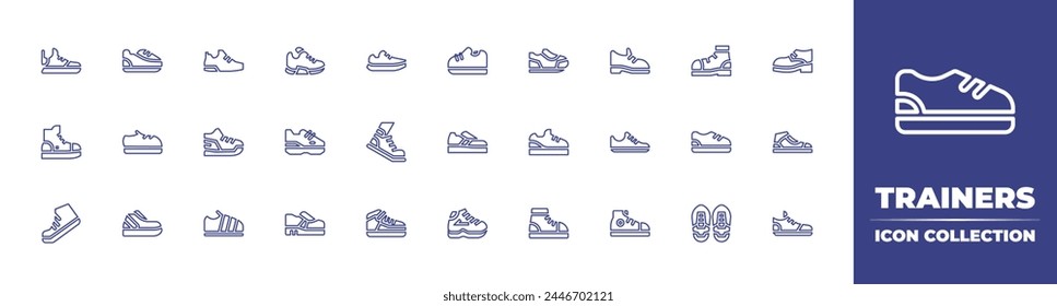 Trainers line icon collection. Editable stroke. Vector illustration. Containing trainers, trainer, shoe, sneakers, shoes, sneaker, sport shoes, running shoes.