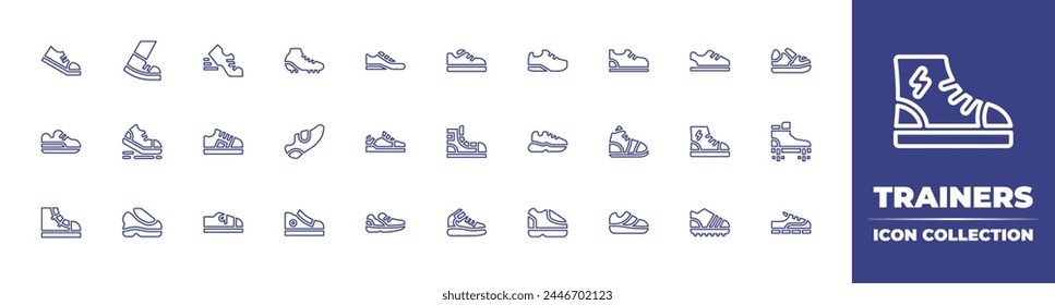 Trainers line icon collection. Editable stroke. Vector illustration. Containing running, trainers, walk, sneakers, football shoes, sneaker, shoes, runner, running shoe.