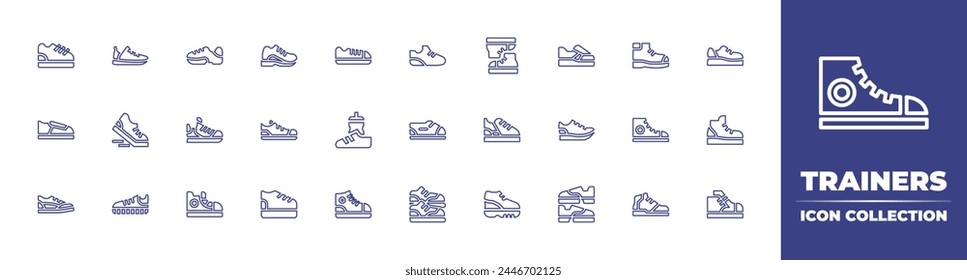 Kollektion des Trainerliniensymbols. Bearbeitbarer Strich. Vektorillustration. Enthält Laufschuhe, Trainer, Trainer, Turnschuhe, Laufschuhe, Sneaker, Schuh, Schuhe, Schuhe, Sportschuhe.