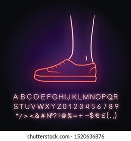 Trainers neon light icon. Women and men stylish footwear design. Unisex casual sneakers, modern comfortable tennis shoes. Glowing sign with alphabet, numbers and symbols. Vector isolated illustration