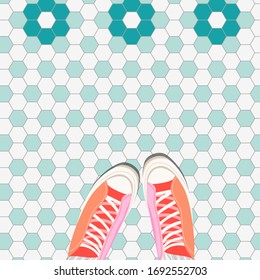 Trainers on tile floor top down. Feet in sport shoes standing on the ground. Trendy social media style flat lay illustration. Colourful sneakers and flourish flooring. Tropical summer concept.