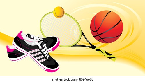 Trainers shoes and tennis racket with balls. Sporting banner. Vector