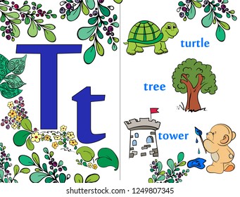 Training. ABC. For preschoolers. Illustrated English alphabet. The cute little animals. Vector illustration. Letter T.  Learning letters. For children and their parents.