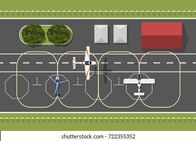 Training aerodrome of flying academy. The plane is flying over airport. Top view of aircraft. Scene from above. Vector illustration