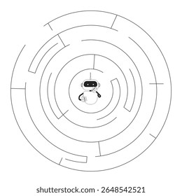 Treinamento de IA através do conceito de ilustração de linha de resolução de problemas. Tentativa e erro. Otimização de LLM. Robô preso no labirinto da lógica delineia composição 2D isolada. Arte vetorial de metáfora linear de tinta