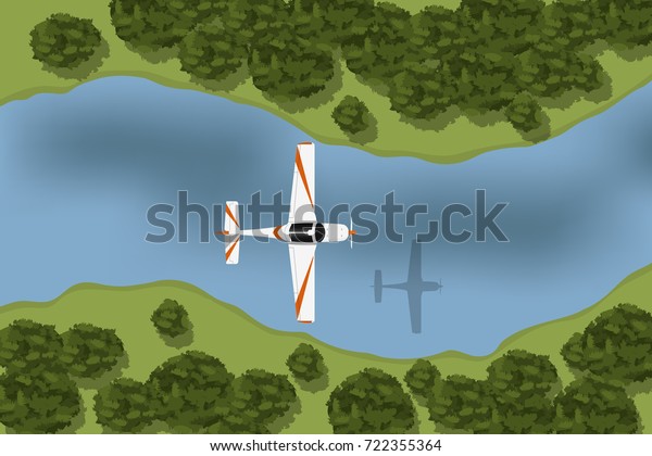 川や森の上を飛ぶ訓練機 上から横に表示 飛行機の平面図 ベクターイラスト のベクター画像素材 ロイヤリティフリー