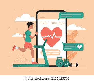 Training app concept. Man runs on treadmill next to large smartphone with health indicators, pulse and heart rate. Fitness and active lifestyle, sport and burning fat. Cartoon flat vector illustration