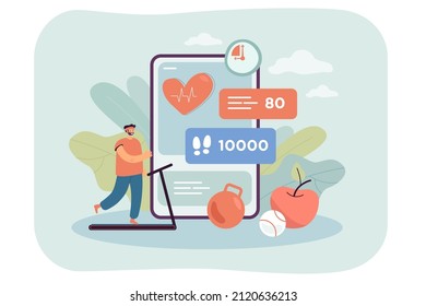 Training App And Tiny Cartoon Man Exercising On Treadmill. Person Doing Exercises And Following Diet, Virtual Coach Flat Vector Illustration. Health, Sports, Healthy Lifestyle Concept For Banner