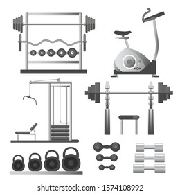 Training apparatus for gym, fitness workout equipment, weights and barbells, isolated objects vector. Spin bike and pulldown exercise trainer. Healthy lifestyle and sport, exercising devices