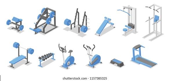 Training apparatus for the gym. Isometric set of fitness equipment symbols. Flat vector illustration. Isolated on white background.