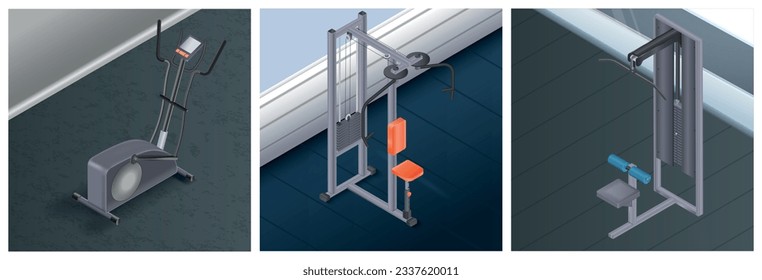 Training apparatus set of realistic elliptical trainer butterfly and upper block machines isolated vector illustration