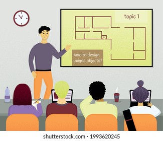 Training of architects in the classroom. Advanced training courses for architects. Audience with lecturer, students and screen. Flat vector texture illustration