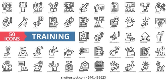 Training architecture icon collection set. Containing development, learning, workshop, coach, mentor, curriculum, seminar icon. Simple line vector.