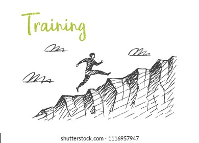 Training. The athlete trains by running on the mountain. Vector business concept illustration, hand drawn sketch.