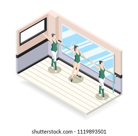 Training of ballet dancers isometric design concept with three ballerinas characters doing exercises at barre vector illustration 