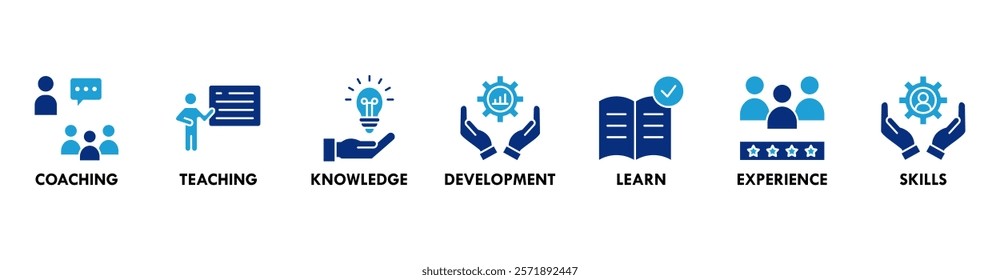 Training banner concept for education with icon of coaching, teaching, knowledge, development, learning, experience, and skills. Web icon vector illustration 