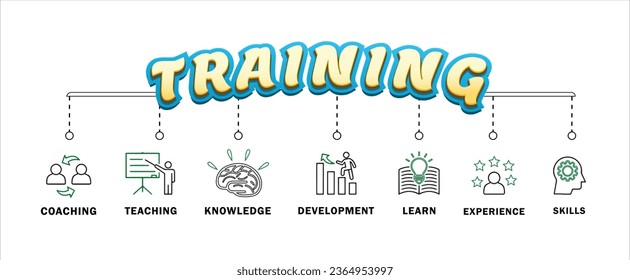 Training banner web icon vector illustration for education with icon: coaching, teaching, knowledge, development, learning, experience, and skills. Colored version color.