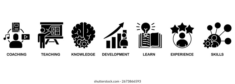 Trainingsbanner Web-Symbol Vektorgrafik-Konzept für Bildung mit Symbol für Coaching, Lehre, Wissen, Entwicklung, Lernen, Erfahrung und Fähigkeiten