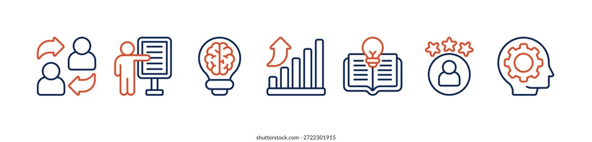 Concepto de Ilustración vectorial de íconos de Web de Anuncio de capacitación para educación con coaching, enseñanza, conocimiento, desarrollo, aprendizaje, experiencia e íconos de habilidades.
