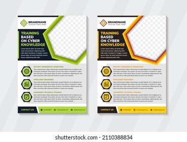 Training Based On Cyber Knowledge Flyer Design Template Use Vertical Layout With White Background. Combination Of Green, Orange And Black On Element Design. Hexagon Space Of Photo Collage.