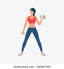 Training biceps with dumb-bells on exercise ball flat icon. Girl, woman, hand muscles. Fitness concept. Can be used for topics like gym, club, weight training