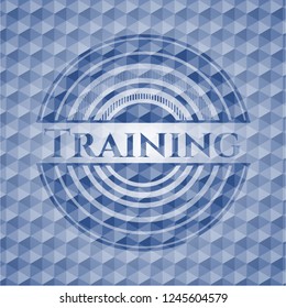 Training blue emblem or badge with abstract geometric polygonal pattern background.